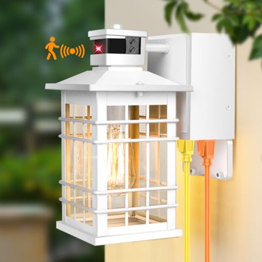 Outdoor Lighting No Outlet - GFCIコンセント付きポーチライト、モーションセンサー内蔵、夕暮れから夜明けまで点灯する屋外照明器具、壁掛けランタン、アルミニウム製、防錆、屋外用