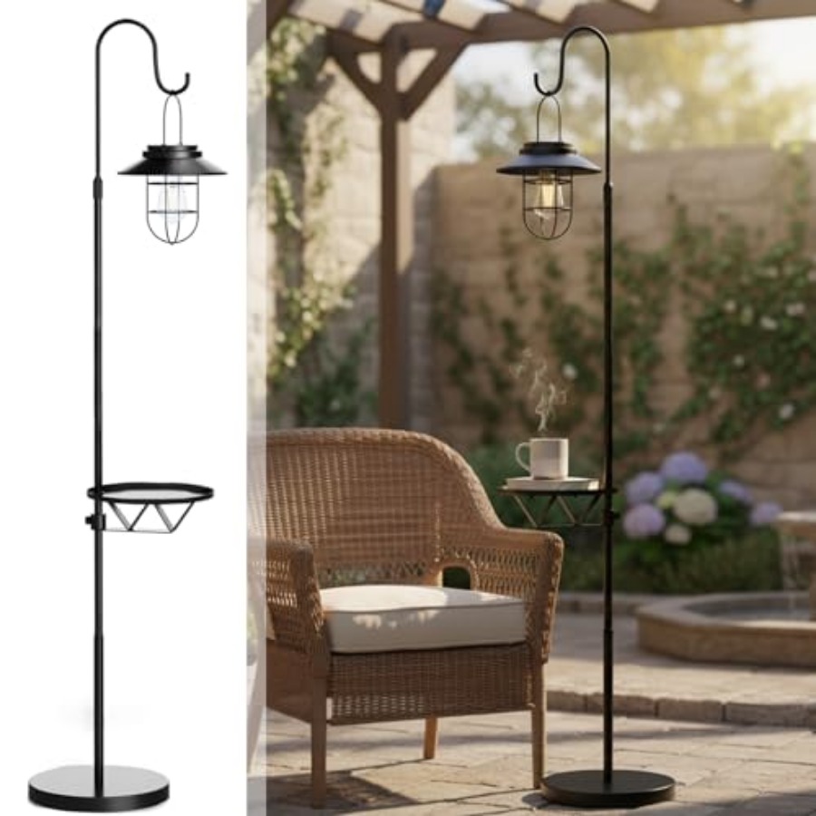 Outdoor Lighting Waterproof - ソーラーフロアランプ（テーブル付き）、60インチ屋外用シェパードフック付きソーラーライト、防水メタルサイドテーブル（パティオ用）、頑丈なソーラー式