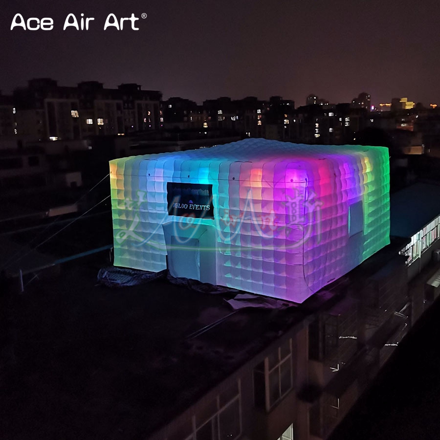 Outdoor Lighting No Outlet - LEDライト付きインフレータブルキューブテント、エアブロウスクエアテント、工場直販、屋外大型イベント、ナイトクラブ、10m x 10m x 3.5m