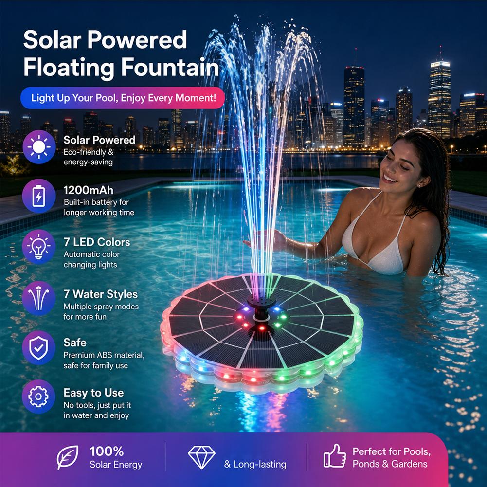 Bollard Light Garden - 3.5W屋外ソーラー噴水ポンプキット、7つのノズル、7色ライト、庭の鳥の水浴び場、屋内池用