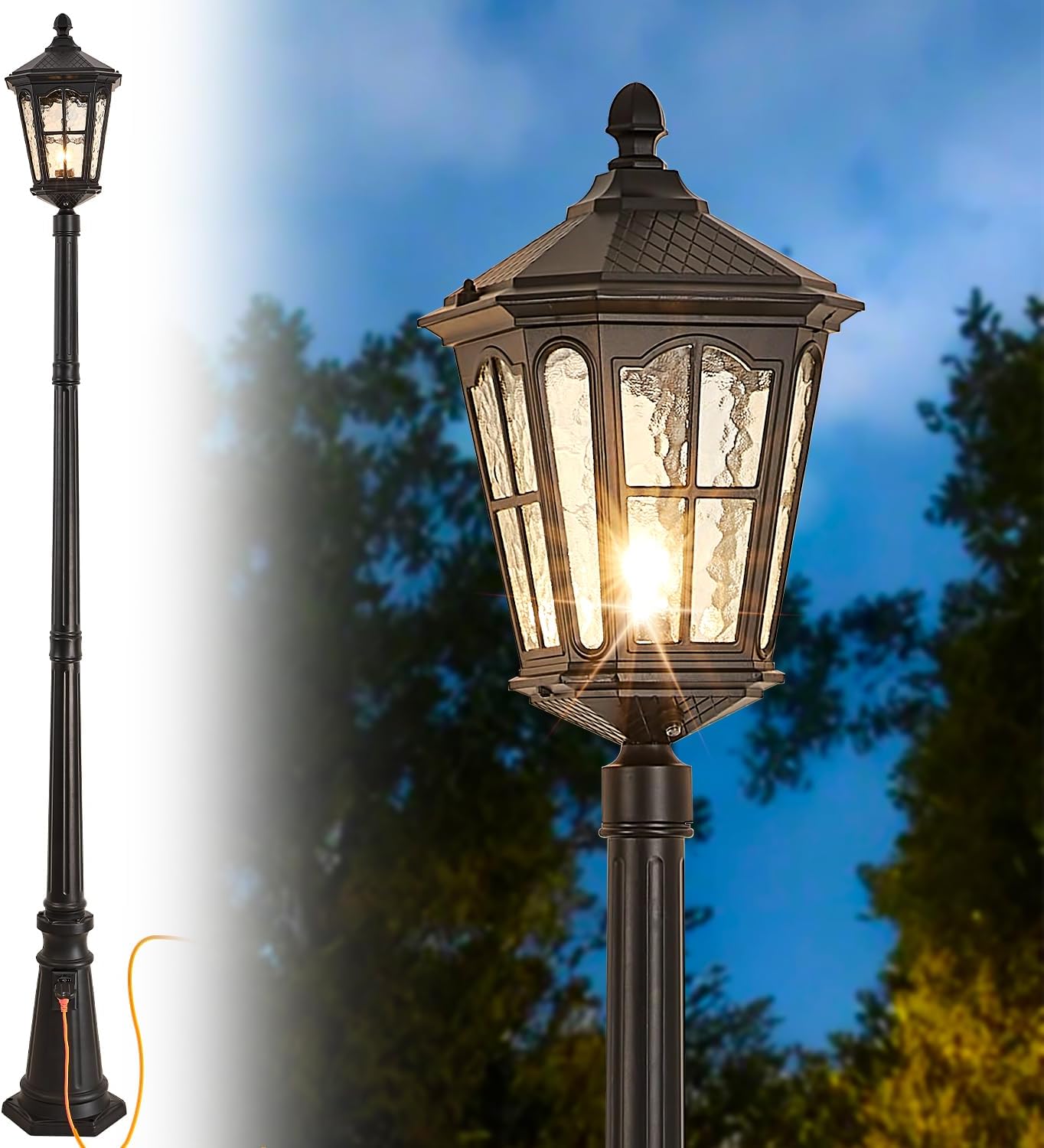 Outdoor Lighting No Outlet - 防水屋外ポールライト、コンセント付き、夕暮れから夜明けまで点灯するヴィンテージブラックのガーデンパスウェイヤードストリートランプ、水波紋ガラス装飾。
