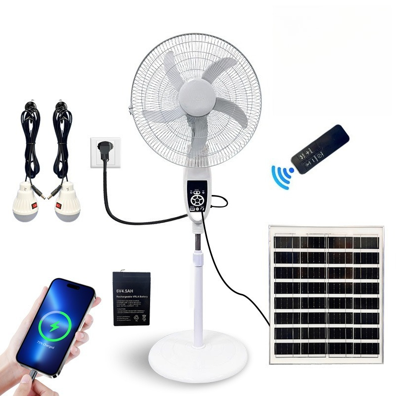 Outdoor Lighting Controller - 16インチソーラー充電式スタンドファン、リモコン付き、大容量バッテリー、静音フロアファン、LEDライト付き、屋外・家庭用