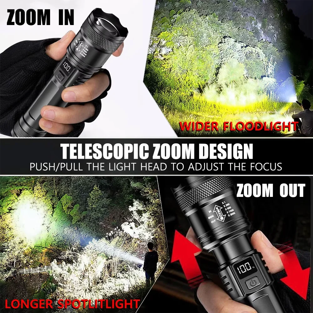 充電式 LED 懐中電灯 ズーム可能なトーチ LCD ディス - Outdoor Lighting Lumen のレビューと価格