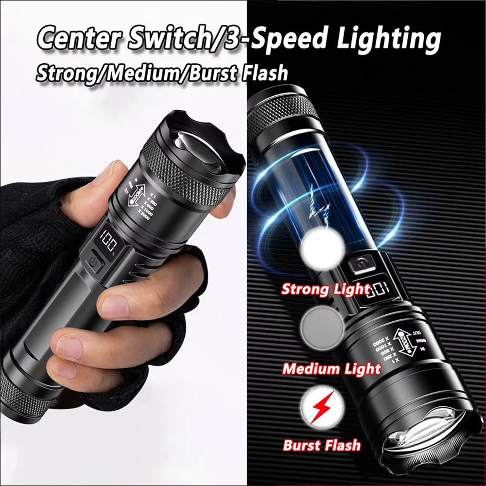 充電式 LED 懐中電灯 ズーム可能なトーチ LCD ディス - Outdoor Lighting Lumen のレビューと価格