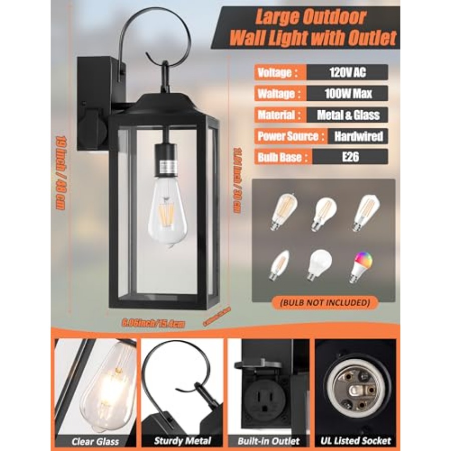 19インチ大型屋外照明器具、コンセント付き、黒色屋外壁掛け照 - Outdoor Lighting No Outlet のレビューと価格